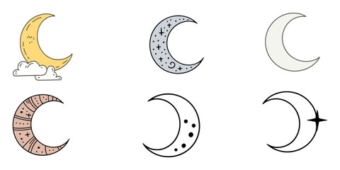 outline silhouette crescent moon icon set isolated on white background, Hand drawn sun and crescent moon with a face design element set, Moon Phase icon vector set. Mystic Celestial illustration sign 