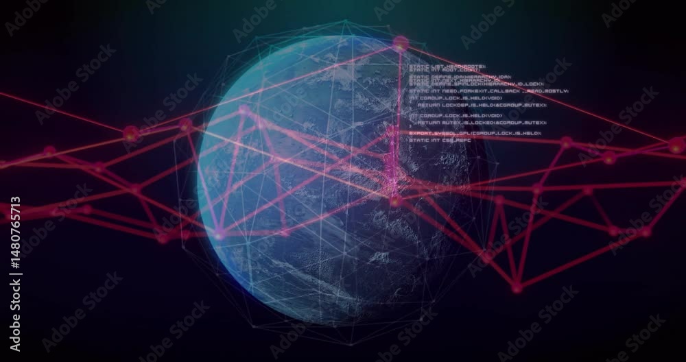 Poster earth rotating in 3d wireframe sphere, sending red lines connecting glowing nodes over code overlay