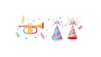 Festive party horn hats and confetti