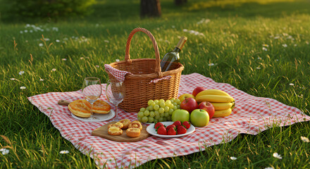 A serene picnic setup featuring delicious fruits, pastries, and wine on a checkered blanket in a lush green field.