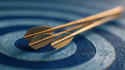 Close-up of gold arrows on blue target, showcasing accuracy and precision, symbolizing success and achievement in business or goal-setting