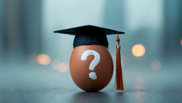 Curiosity and learning merged in conceptual art featuring an egg with a graduation cap and question mark symbolizing knowledge exploration