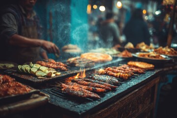 Naklejka premium Asian cuisine sizzling on charcoal grill, smoke rising, close up of meat skewers and lime slices, street food preparation