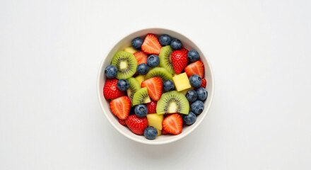 fresh fruit salad in a bowl featuring kiwi,strawberries,mango and blueberries.