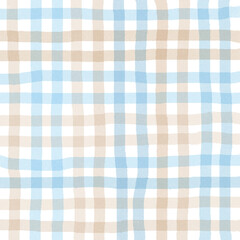 Blue Brown Beige Plaid Gingham Check Hand Drawn Background Pattern Overlay