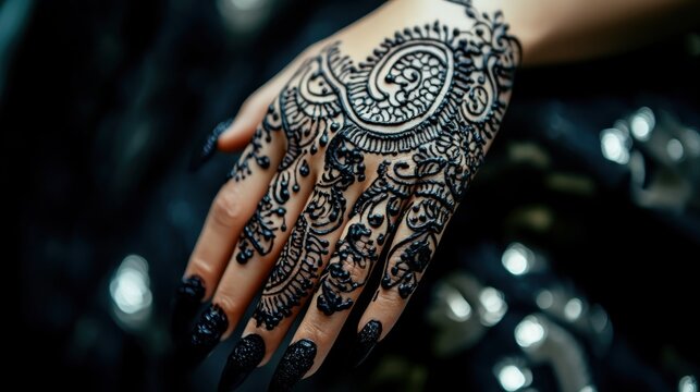 Intricate black henna tattoo on womans hand close up view