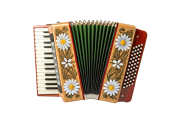 PNG Colorful accordion with floral design featuring keys and buttons