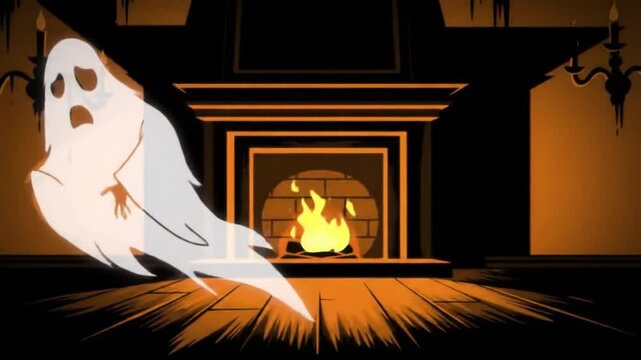 Cartoon ghost floating in a spooky room with fireplace and chandeliers