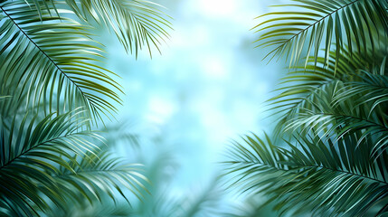 Lush Green Palm Leaves on a Bright Blue Background