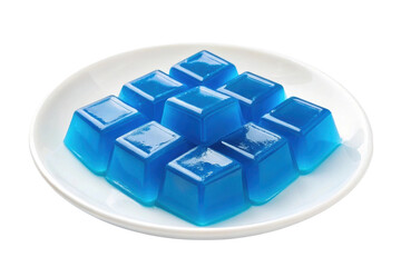 PNG Plate of vibrant blue gelatin cubes on white dish