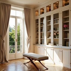 a room with a bench and bookshelves