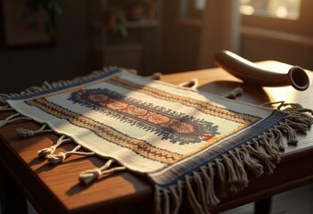 Fototapeta premium traditional jewish shofar prayer shawl textile ritual spiritual symbolism heritage, spirituality, ceremony, culture, craftsmanship, worship, blessing, faith