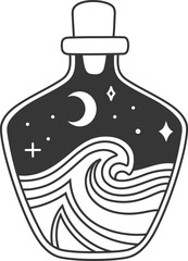 Magic potion bottle with crescent moon, stars and ocean waves at night representing sea witchcraft, potion making, and spell casting, perfect for esoteric, mystical, and fantasy concepts