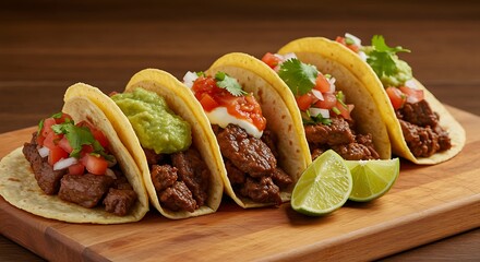 Authentic Mexican Tacos on Wooden Board with Fresh Toppings Ideal for Restaurant Menu or Culinary Blog Emphasizing Delicious Homemade Street Food