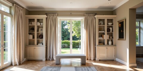 Fototapeta premium a room with a large window and a bench