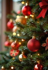 Fototapeta premium vibrant festive holiday decorations adorning luxurious pine branches ornaments colorful ribbons, christmas, greenery, lights, wreath, evergreen, arrangement