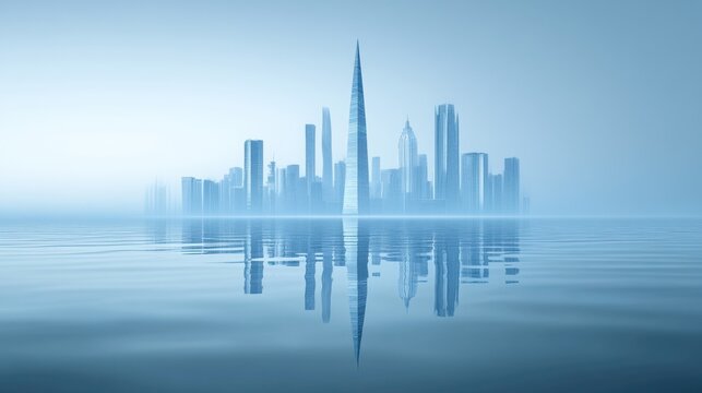 Serene cityscape reflection modern skyscrapers in calm waters