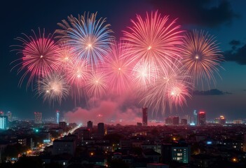 vibrant fireworks bursting over city skyline colorful night display celebration urban aesthetic bright lights, explosion, festive, crowd, landscape, silhouette