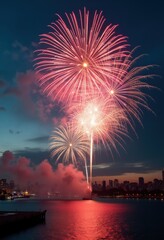 vibrant fireworks twilight sky celebration night explosion colors display festival, spectacle, pyrotechnics, illumination, burst, flame, glow, festivity