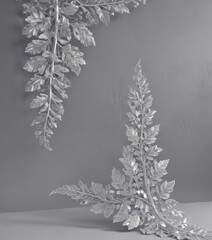 Intricate silver leaf lace border on a shimmering silver backdrop , glamour, shiny, detail