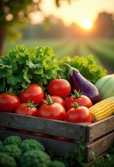 vibrant vegetable assortment fresh produce colorful wooden crate harvest bounty organic farm garden, tomato, pepper, onion, potato, cucumber, zucchini