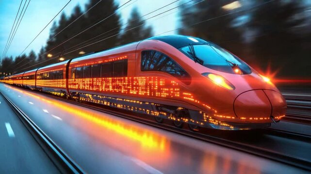 High-speed train moving at night, orange exterior with glowing lights.  Modern train on a track with blurred background of trees and city lights.  Dynamic image suggesting speed and technology