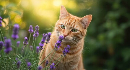 Fototapeta premium Ginger cat among lavender flowers