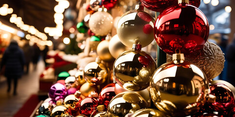Naklejka premium Colorful Christmas Ornaments Sparkling at Festive Market