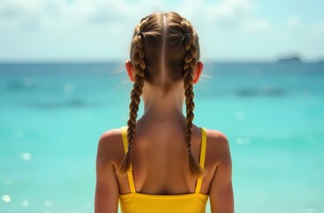 blonde girl with two braids in a yellow swimsuit looking at the sea. Thoughtfulness and dreaminess feelings. Vacation concept