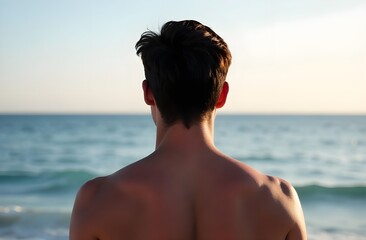 The back of a young man with dark hair, looking at the sea in the setting sun. Copy space. Thoughtfulness and dreaminess feelings. Vacation concept