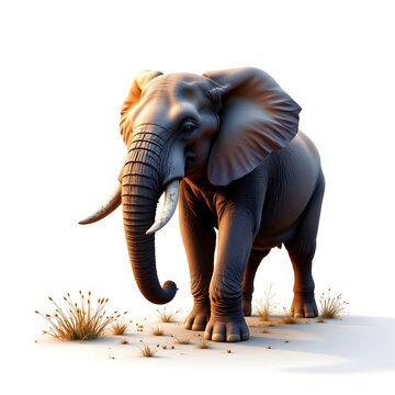 a photorealistic digital illustration of an elephant, rendered with the precision of a puter drawing, starkly isolated against a pure white void, the scene