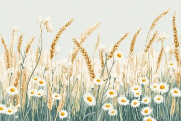 Obraz premium calmness, chamomile fields and golden wheat heads, soft movement, seamless vector with Ukrainian summer identity