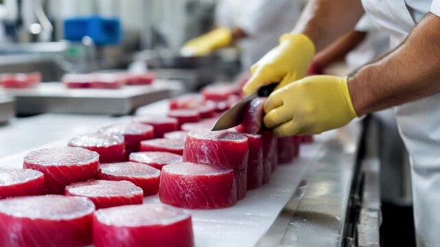 Chef slicing fresh tuna fillets in a busy seafood processing facility  