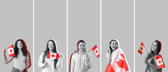 Set of different women with flags of Canada on grey background