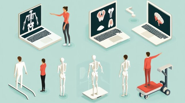 Human anatomy isometric illustration skeletons organs and laptops