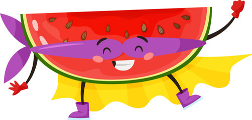 Cartoon illustration of a happy watermelon slice wearing a purple mask and a yellow cape flying like a superhero, promoting healthy eating habits and a playful approach to nutrition