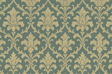 Seamless Vintage Damask Pattern with Gold Floral Motifs on Green Background.