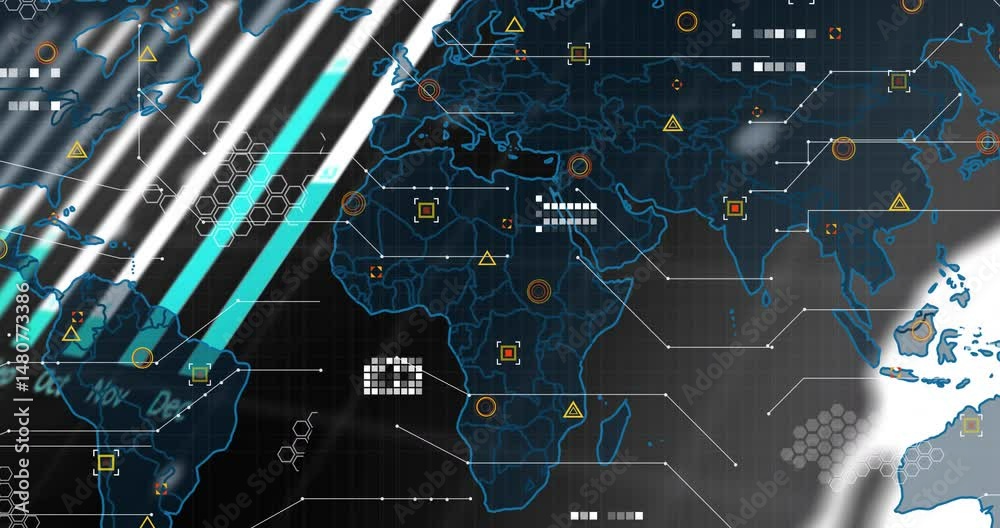 Poster digital world map projecting neon outlines while data markers shifting with glowing connectors