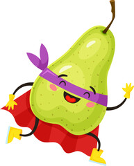Funny green pear superhero, sporting a purple mask and red cape, flying through the air while laughing joyfully. Whimsical fruit character illustration perfect for kids, promoting healthy eating