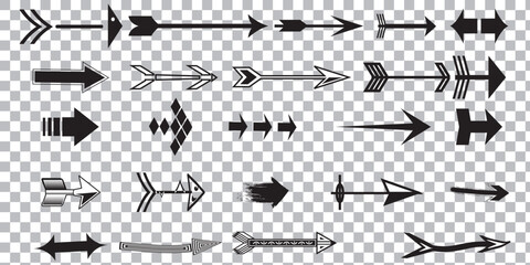 Arrow silhouette vector set, black directional icons, various arrows, abstract design, Black arrows pointing right, left. Arrow shape element set eps 10