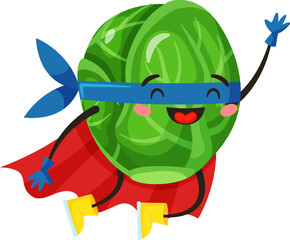 Cheerful Brussels sprout wearing a superhero costume with a red cape, blue mask, and yellow boots is joyfully flying and waving, embodying health and fun