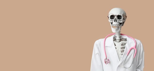Human skeleton in doctor's uniform on beige background with space for text