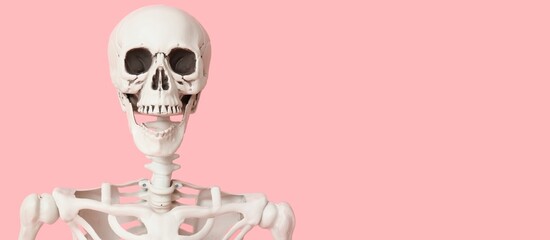 Human skeleton on pink background with space for text