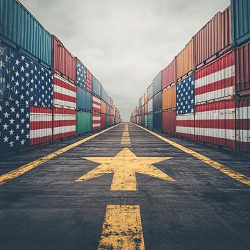 Freight containers with national flags of USA, China, India, Canada, and EU lined up in opposition, illustrating global trade war and import-export tensions.
