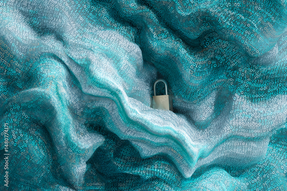 Poster abstract teal fabric textured background with binary code, showcasing a padlock symbolizing data sec