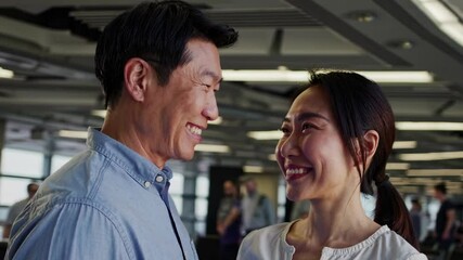 A candid video still of a smiling couple at an airport, captured from a side angle, highlighting their joyful anticipation of travel.