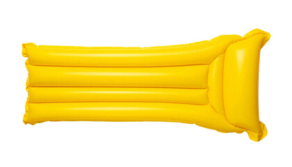 yellow pool float inflatable top view flat lay isolated. inflatable float for summertime activities and fun isolated on solid white background 