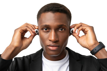 PNG Young african male adjusting wireless earbuds with focused expression