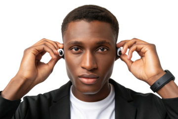 PNG Young african male adjusting wireless earbuds with focused expression