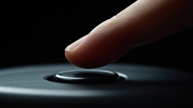 Fingertip pressing dark circular button technology interface close up
